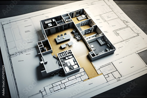 3d modelled building pops up over the 2 dimensional floor plan drawing. Shallow dept of field. Created with generative AI technology. photo