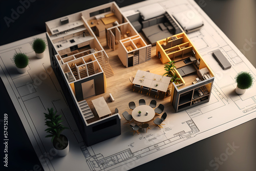 3d modelled building pops up over the 2 dimensional floor plan drawing. Shallow dept of field. Created with generative AI technology. photo