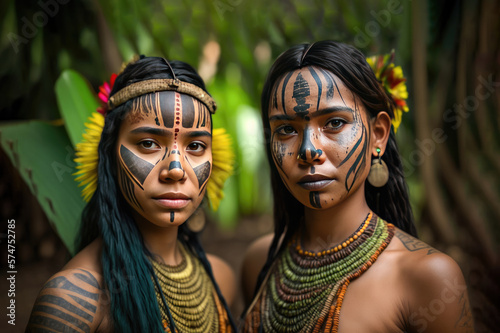 Two indigenous amazon women with face paint looking at camera. Generative ai photo