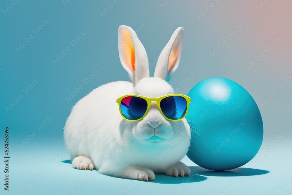 Creative minimal concept. Easter day. Little white bunny rabbit wearing sunglass beside colored neon egg isolated on blue background. view, mock up, copy space
