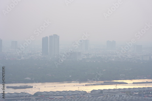23 December 2018, landscape view of Bangkok city and skyscape that showing smog and polluted air pollution from particle PM2.5
