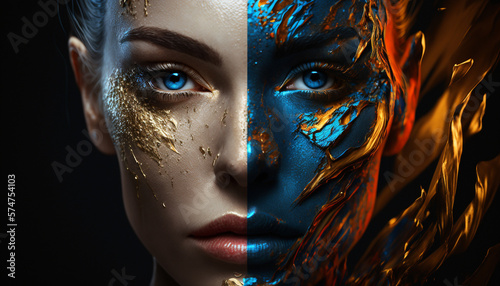 The woman's face is made in a surreal style in blue and yellow tones. photo