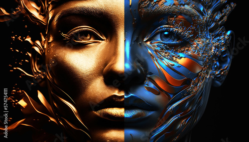 The woman's face is made in a surreal style in blue and yellow tones. photo