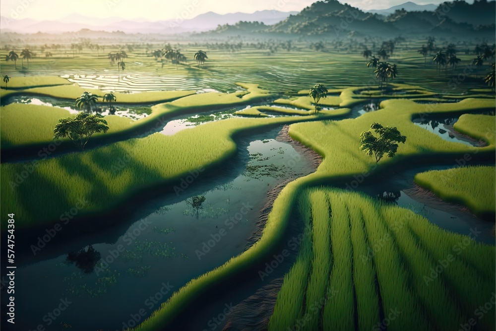 Landscape with peddy Field and River from Drone. Generative AI Landscape with peddy Field and River from Drone. Generative AI