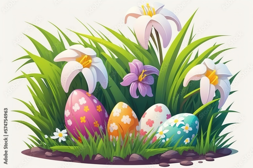 Easter eggs and lily flowers on the grass isolated vector illustration on white. Cute egg characters in lily flower garden drawing in colorful cartoon style