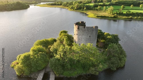 drone footage of Clough Oughter Castle on lough oughter lake, killykeen forest park, co cavan, ireland photo