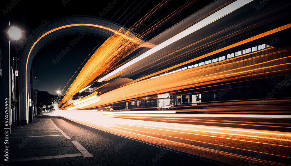 Fototapeta premium Abstract long exposure dynamic speed light trails, generative ai