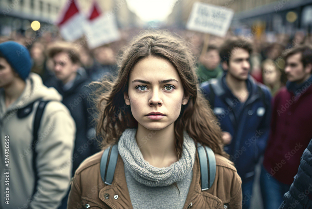 young woman or teenager, a peaceful protest or demonstration, a riot on a street in a city by civilians. fictional place and people. Generative AI young woman or teenager, a peaceful protest or demonstration, a riot on a street in a city by civilians. fictional place and people. Generative AI