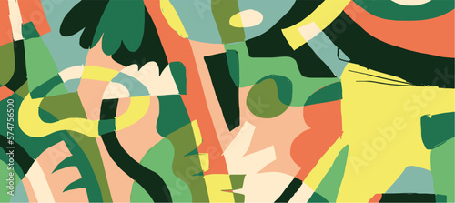 Abstract jungle background. Green banner with plants and hand drawn shapes. Colorful vector illustration. Doodle art. Artistic composition with leaves, palms and creepers. camouflage patterns. Forest.