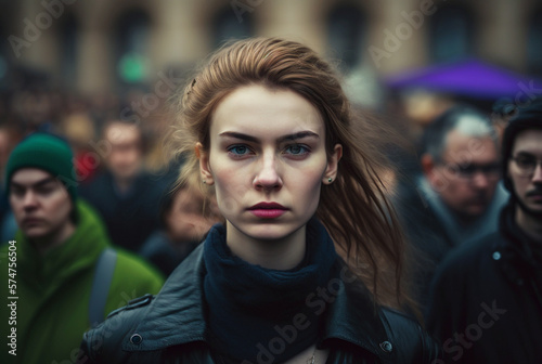 young woman in a city in the midst of a crowd, big city life or motionless or thoughtful or listless. Generative AI photo