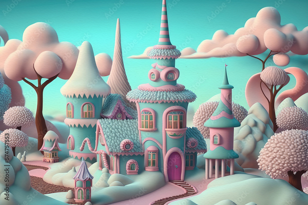 Fairytale land.Pastel colors. Illustration for children. Generative AI - obrazy, fototapety, plakaty 