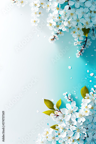 Spring Summer nature flower plants white blue with empty copy space for text background texture - Spring Summer Blue Wallpapers - Spring Summer blue backdrop created with Generative AI technology © Sentoriak