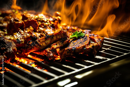 grilling with meat on the grate and charcoal fire, meat or vegan meat substitutes with smoke and a hot flame. Generative AI