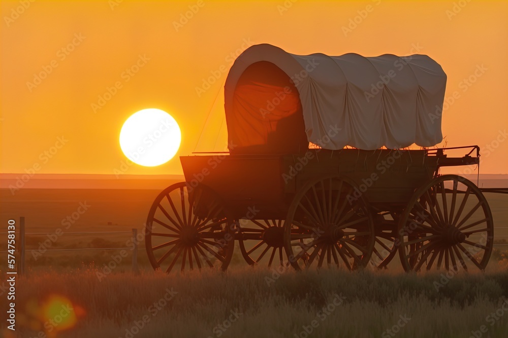 A horse and wagon on a trail in the old West. Cowboy movie. A horse and wagon on a trail in the old West. Sunset scene in cowboy movie. Great for stories of the Wild West, pioneers, vintage America.