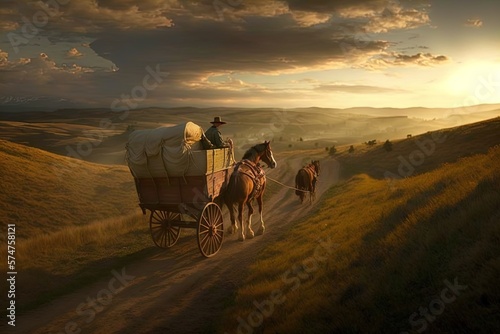 A horse and wagon on a trail in the old West. Cowboy movie. A horse and wagon on a trail in the old West. Sunset scene in cowboy movie. Great for stories of the Wild West, pioneers, vintage America. photo