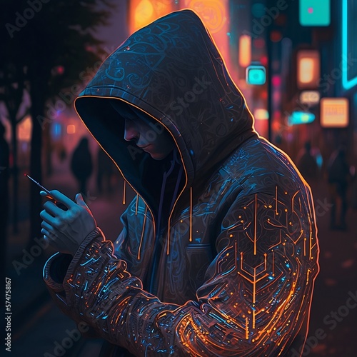 Boy in hoodie using smartphone, Generative AI photo