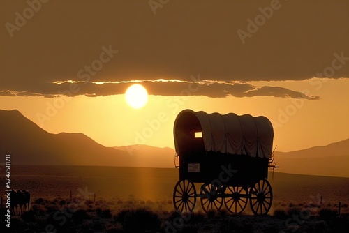 Fotografia, Obraz A horse and wagon on a trail in the old West. Cowboy movie.