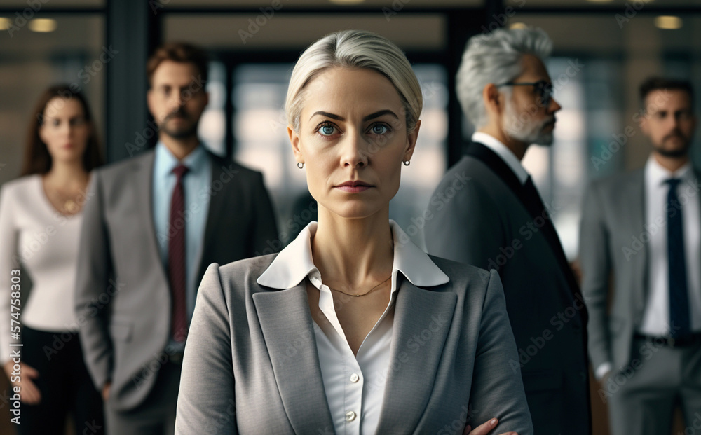 blond adult woman in gray suit stands in foreground, co-workers or teammates behind her. Generative AI blond adult woman in gray suit stands in foreground, co-workers or teammates behind her. Generative AI