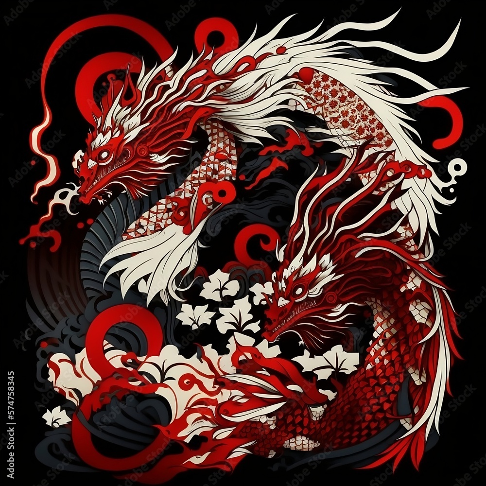 Red oriental dragon print, Generative AI