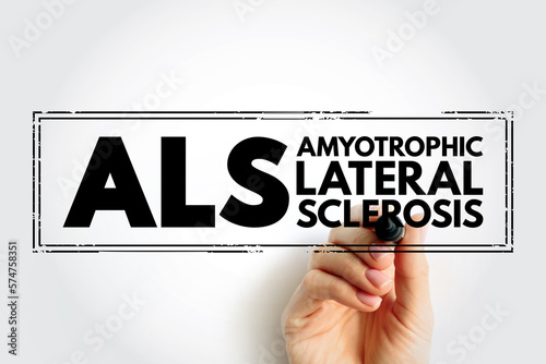ALS Amyotrophic Lateral Sclerosis - progressive nervous system disease that affects nerve cells in the brain and spinal cord, acronym text stamp concept background