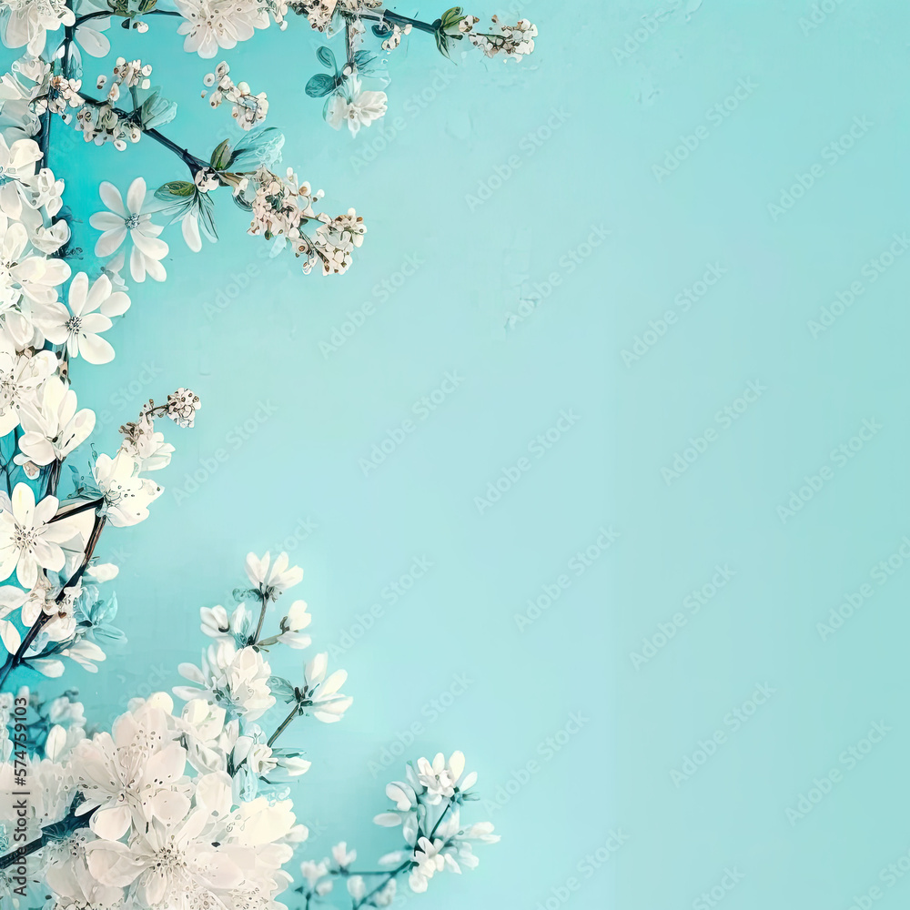 Spring Summer nature flower plants white blue with empty copy space for text background texture - Spring Summer Blue Wallpapers - Spring Summer blue backdrop created with Generative AI technology
