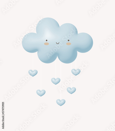 Cute Baby Shower Vector Illustration with Fluffy Pastel Blue  Smiling Cloud with Dropping Hearts.No Text.Balloon-like Cloud and Rain of Hearts isolated on an Off-White Background.Baby Boy Party Print.
