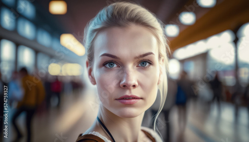 portrait of a young stylish modern woman at the railway station. generative AI