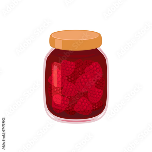 Raspberry jam in glass jar. Vector flat icon of organic sweets. Healthy food illustration.