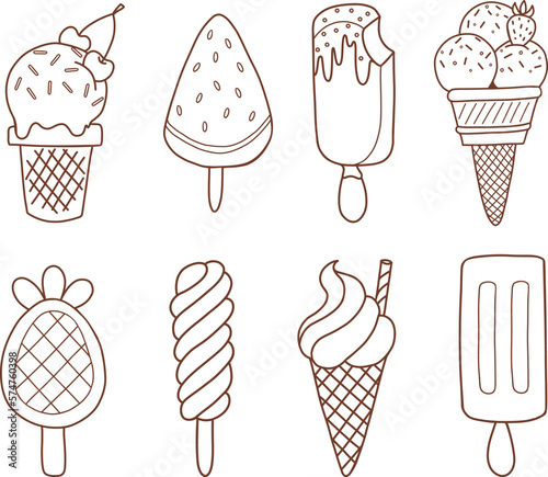 Hand drawn set of ice cream doodle. Sweet desserts in sketch style. 