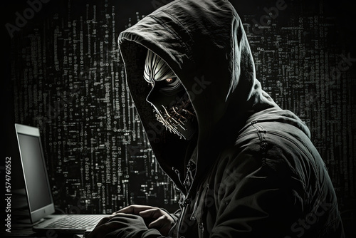 Masked hacker. Cyber terrorism image of special fraud, generative artificial intelligence photo