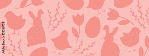Easter banner with bunny, baby chicken, willow catkins branches, tulips and eggs - vector illustration