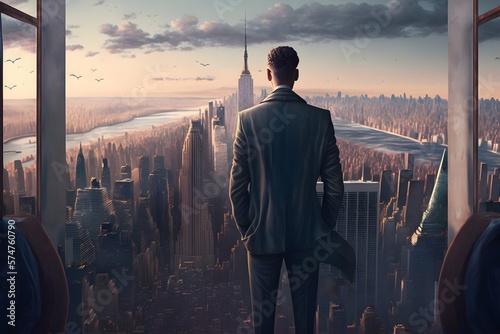 Businessman and Corporate Cityscape,Businessman Analyzing the Metropolis, Businessman on the Network of the Future,Businessman Looking at Competitors,Businessman with Technology Network, generative ai photo