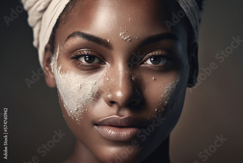 young attractive african american woman with skin cream or care product on face, towel wrap around hair. Generative AI