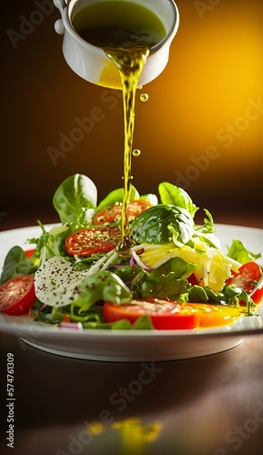 Drizzling Olive Oil over a fresh salad. AI generative. 