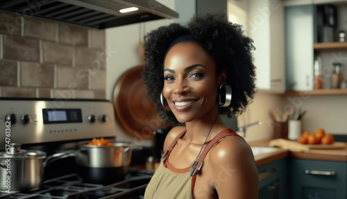 a young beautiful black woman does household chores. in the kitchen. generative AI
