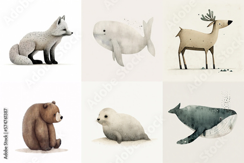 A set of six cute animals  mammal, aquatic mammal, birds from the area of Alaska, USA in watercolor, illustration made with Generative AI © Santasombra