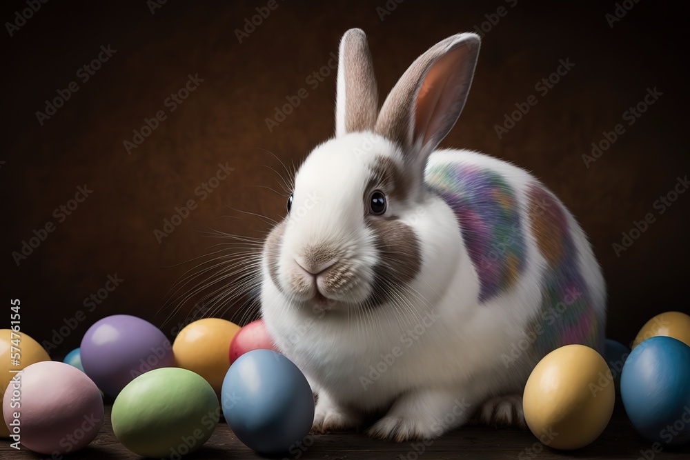 A cheerful white rabbit is sitting surrounded by colorful Easter eggs A cheerful white rabbit is sitting surrounded by colorful Easter eggs