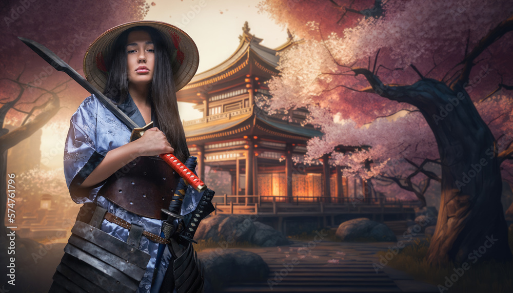 Portrait of samurai woman holding sword against temple and sakura forest.