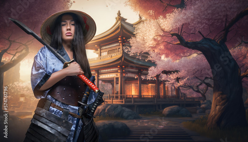 Portrait of samurai woman holding sword against temple and sakura forest. © Fxquadro