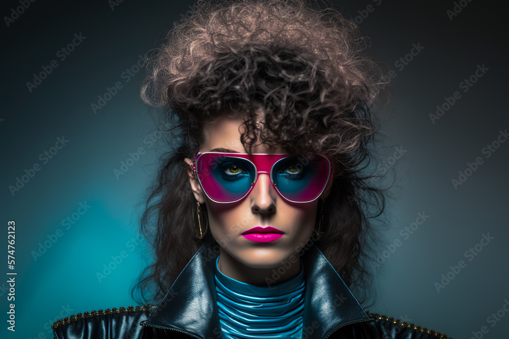 Studio portrait of a young woman in 80's outfit and sunglasses. generative ai
