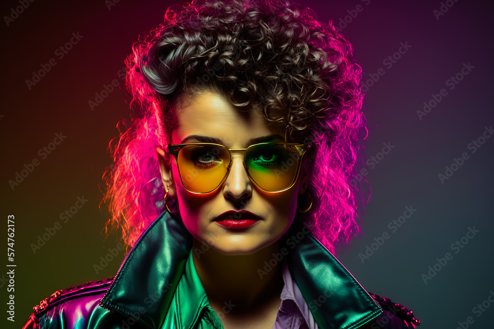 Studio portrait of a young woman in 80's outfit and sunglasses. generative ai