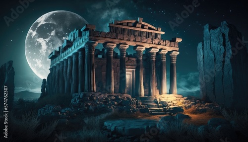 Lost in Time: Discovering the Parthenon Temple under the Full Moon, AI Generative