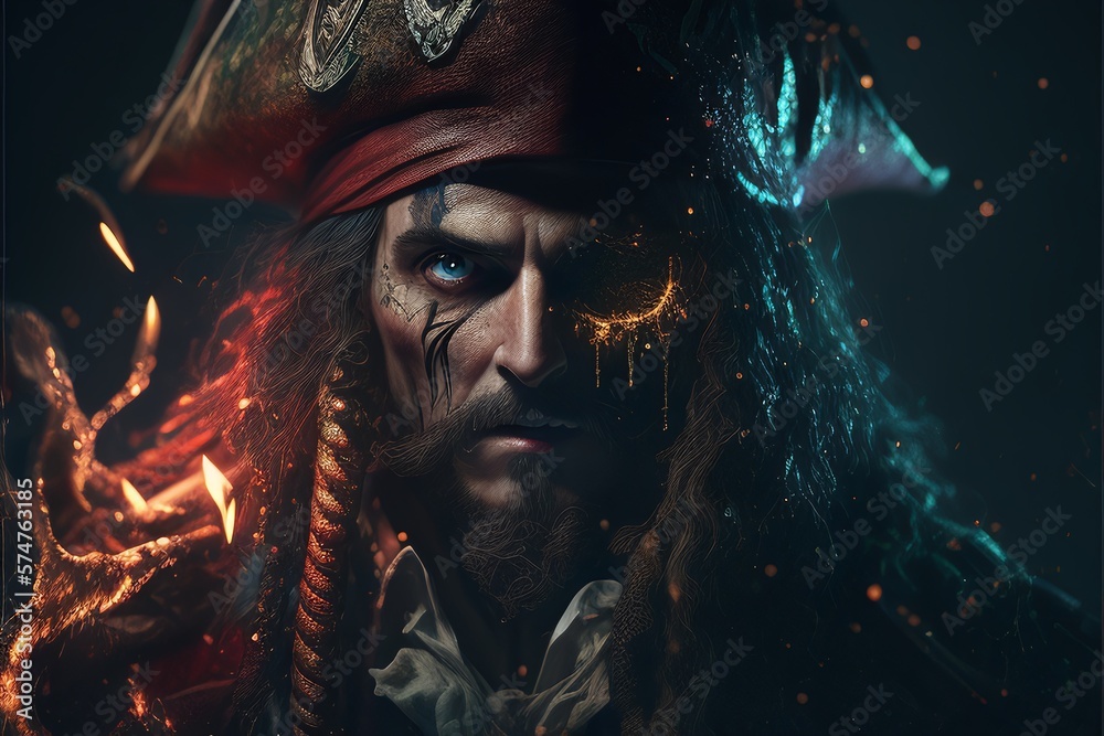 Naklejka premium Very Detailed Portrait of Fictional Jack Sparrow Upset and Eager To Start his Battle in Fight for Lost Treasure Generated by AI
