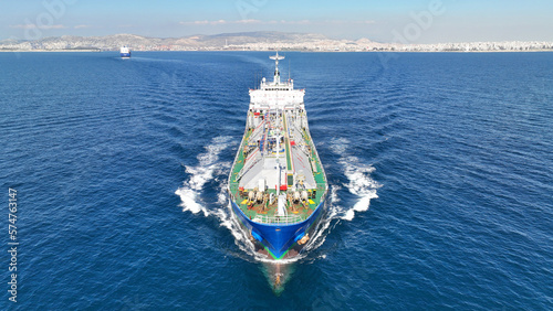 Aerial drone photo of LPG or Liquified Petroleum Gas tanker cruising deep blue Mediterranean sea