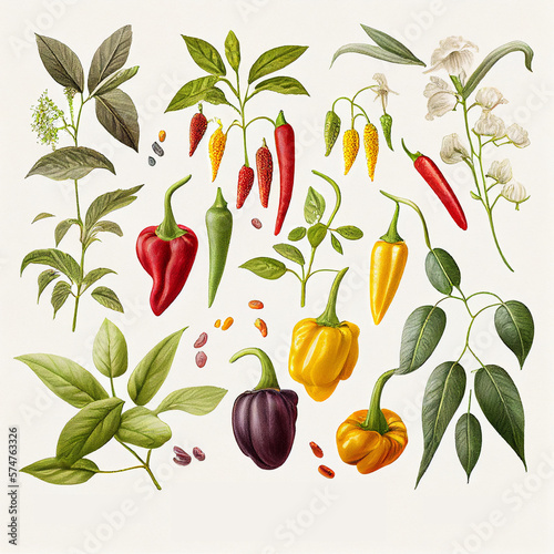 Different types of peppers, botanical illustration on white background. Created with Generative AI.