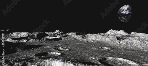 Print op canvas Moon, panorama of the surface of the moon against the background of stars and th