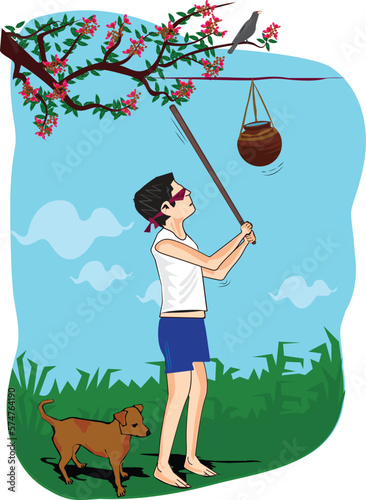 Sri Lanka Traditional Sinhala and Tamil New Year Celebrations - Hitting the target (Kana Motti) illustration 