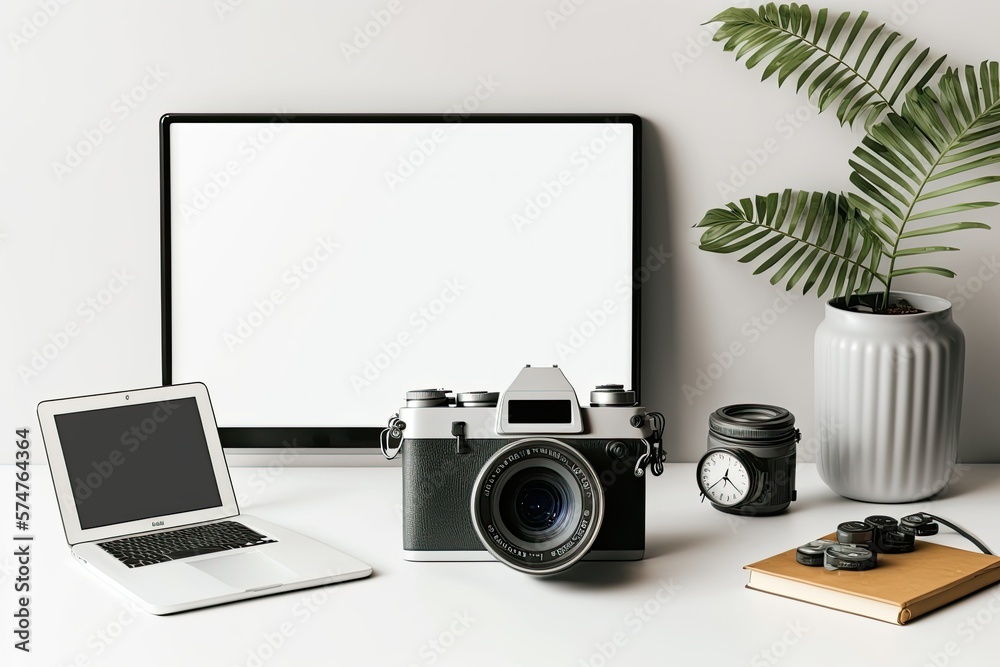 Loft office with blank laptop, old camera, and office supplies. Generative AI