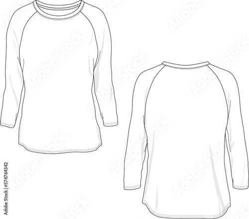 Women raglan 3/4 sleeve T-shirt top flat sketch model template technical CAD illustration	