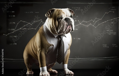Bulldogge im Anzug steht vor einer Tafel und erklärt die Business-Charts. Hund als Lehrer oder Professor in der Universität. Illustration zu Finanzen, Börse und Vortrag halten. KI generiert photo